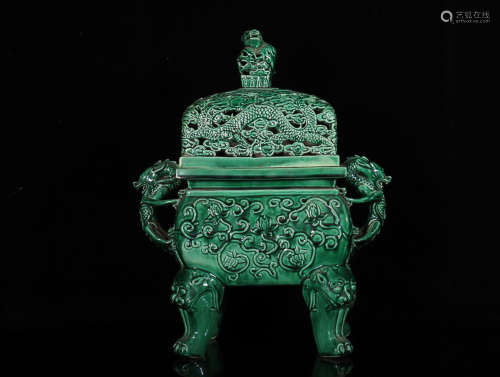 1912-1949, AN OLD DRAGON PATTERN GREEN GLAZE CENSER, THE REPUBLIC OF CHINA