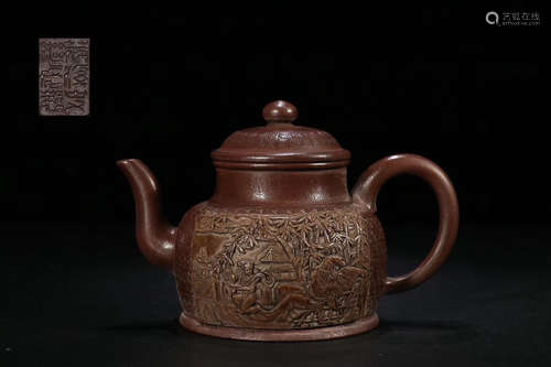 A FIGURE STORY DESIGN PURPLE CLAY TEAPOT