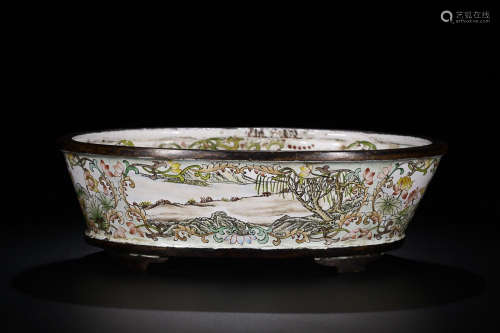 18-19TH CENTURY, A FLORAL AND BIRD PATTERN ENAMEL NARCISSUS BASIN, LATE QING DYNASTY