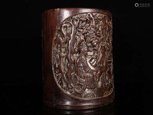 17-19TH CENTURY, A STORY DESIGN AGILAWOOD BRUSH POT, QING DYNASTY