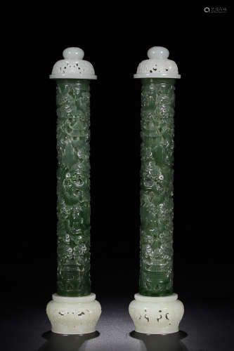 17-19TH CENTURY, A PAIR OF LANDSCAPE PATTERN HETIAN JADE INCENSE TUBE, QING DYNASTY