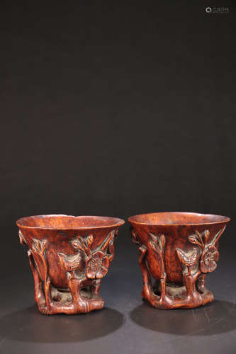 17-19TH CENTURY, A PAIR OF FLORAL PATTERN AGILAWOOD CUP, QING DYNASTY