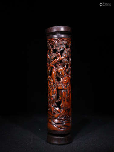 A HUANGYANG WOOD CENSER HOLDER CARVED STORY-TELLING PATTERN