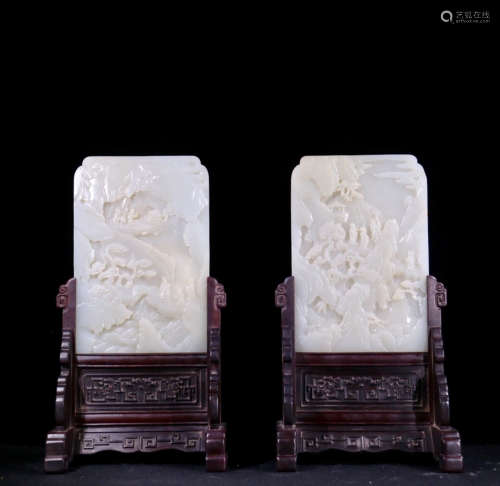 A PAIR OF HETIAN JADE CENSERS WITH LANDSCAPE PATTERN