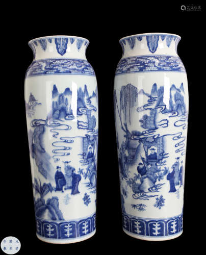 A PAIR OF BLUE & WHITE PORCELAIN VASES IN CHARACTER STORY DESIGN