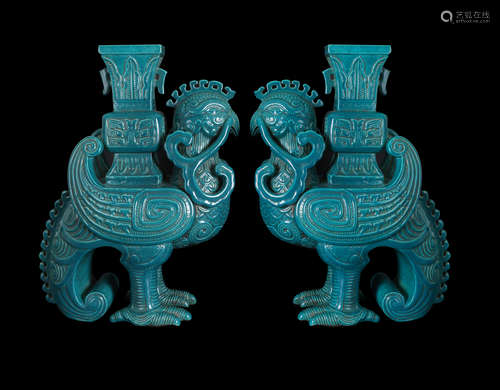 A PAIR OF BLUE GLAZE BRONZE VASES IN BIRD SHAPE