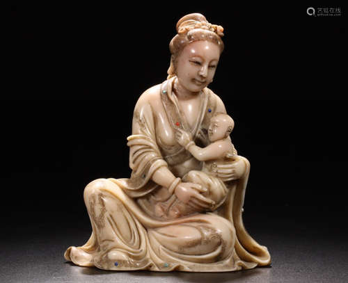 A SHOUSHAN STONE GUANYIN SHAPED ORNAMENT