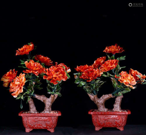 A RED LACQUER WOOD BONSAI WITH JASPER LEAF&AGATE FLOWER