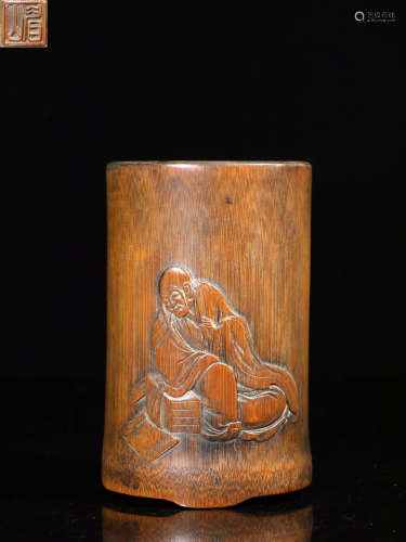 A BAMBOO PEN HOLDER CARVED LUOHAN PATTERN WITH MARK