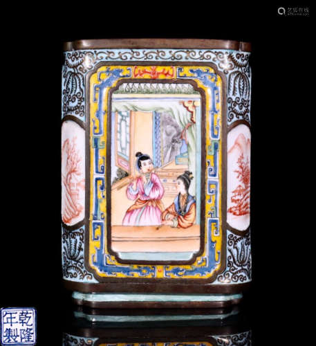 A QIANLONG MARK ENAMELED PORCELAIN PAINTED STORY-TELLING PEN HOLDER