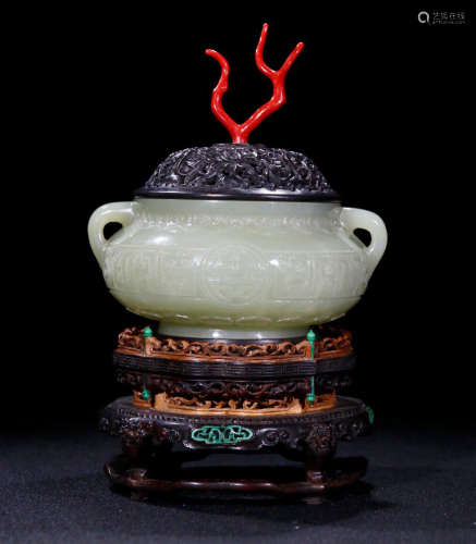 A HETIAN JADE CENSER WITH RED CORAL&ZITAN WOOD