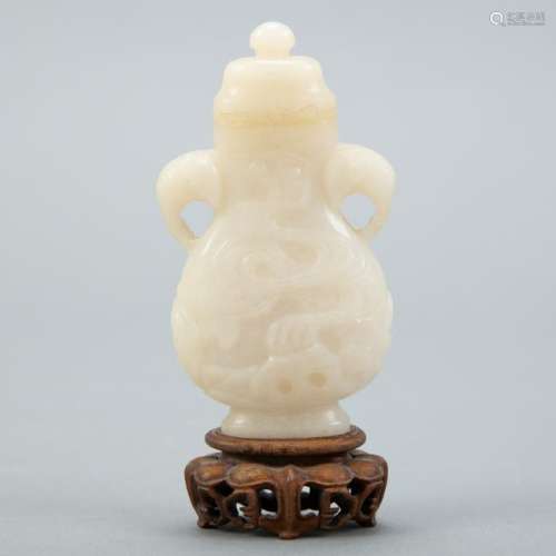 19th c. Chinese Jade Lidded Vase with Stand