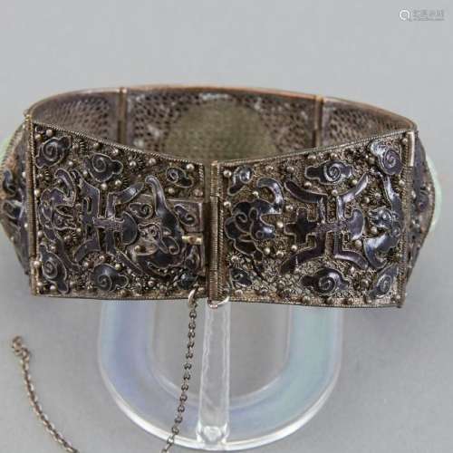 Chinese Enameled Silver and Jade Bracelet