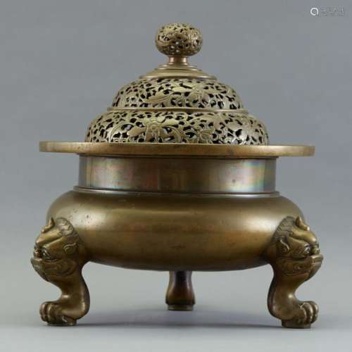 19th c. Chinese Covered Bronze Brazier or Censer