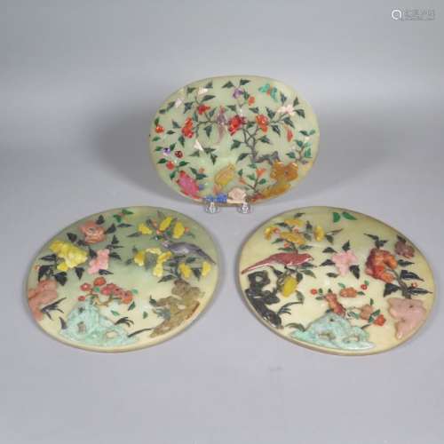 Set 3 19th C. Chinese Plaques w/ Applied Stones