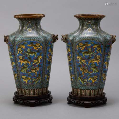 Pr 20th c. Japanese Cloisonne Vases with Foo Dogs