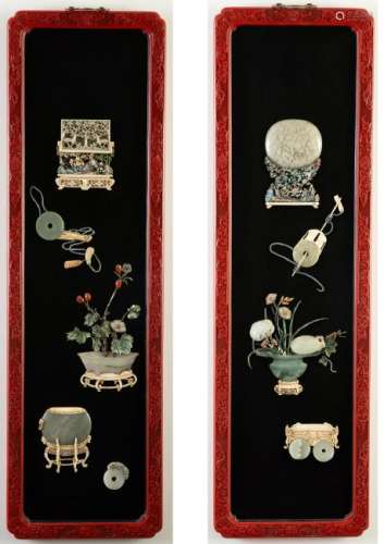 Pair Striking Lacquer and Jade Carving Panels