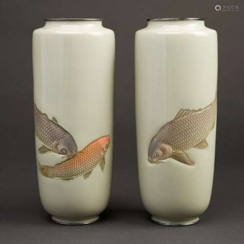 Hattori Tadasaburo Japanese Cloisonne Carp Vases