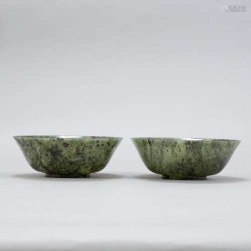 Pair of early 20th c. Chinese Spinach Jade Bowls