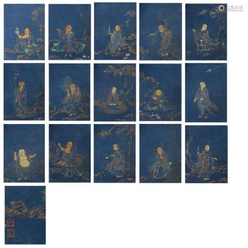 19th c. Qing Chinese Album Paintings Blue Paper