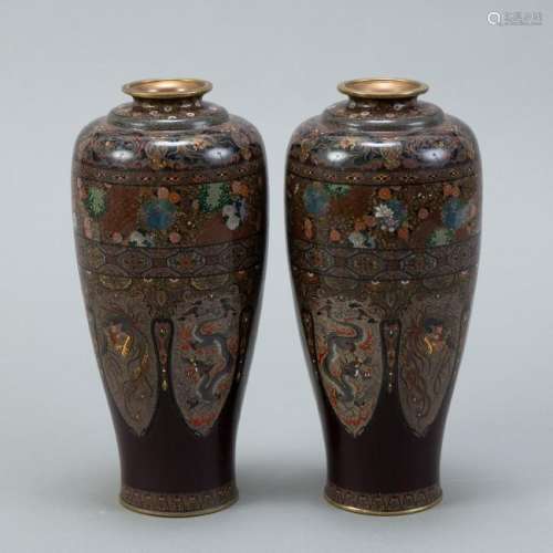 Japanese Meiji Mirrored Pair of Cloisonne Vases