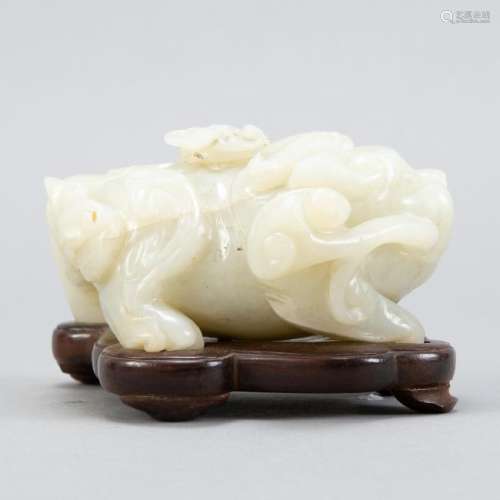 Chinese Celadon Jade Dog Inkwell on Stand -Marked