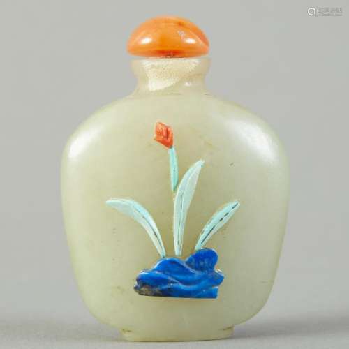 Chinese Jade Snuff Bottle w/ Applied Stone Decora