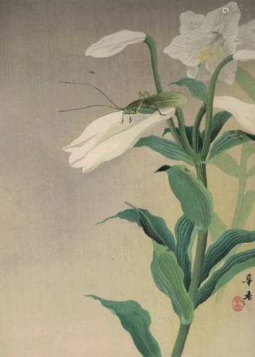 Tsuji Kako Flower Grasshopper Gouache Painting