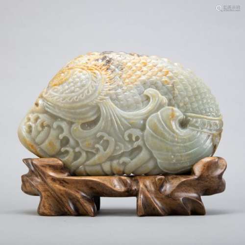 Chinese Large Carved Jade Fish With Stand