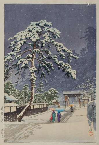 Kawase Hasui Woodblock Print of Snow Scene