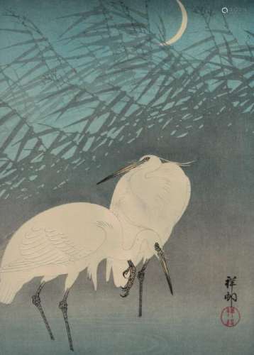 Ohara Koson Japanese Woodblock Print of Cranes