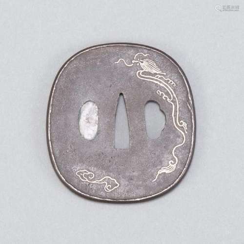 Japanese Edo Period Iron Tsuba with Silver Inlay