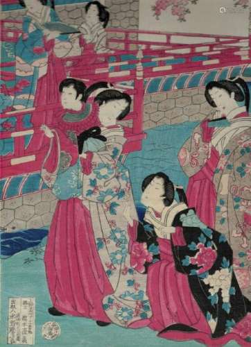 Japanese Meiji Woodblock Print Diptych by Chikano