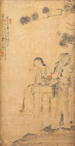 19th c. Chinese Painting Seated Woman Lao Qin