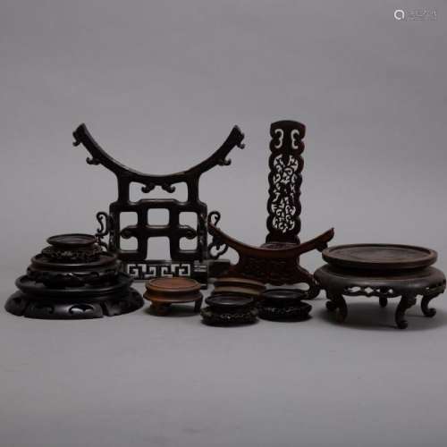 Grp Chinese Wooden Vase Stands and Tray