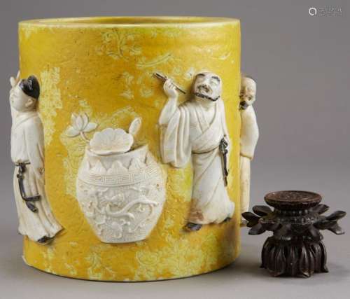 Yellow Chinese Republic Brush Pot and Wooden Stan