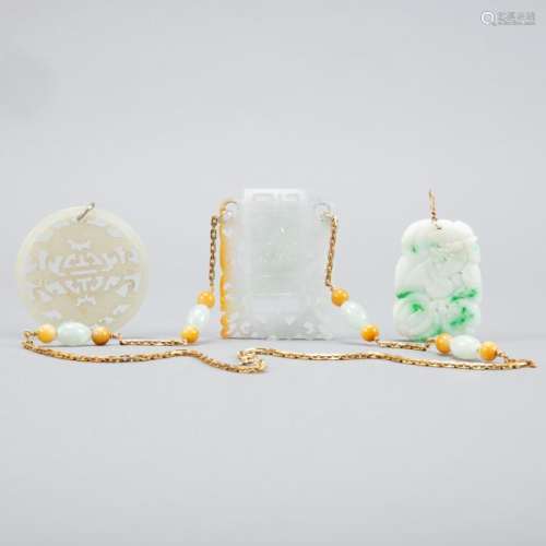 Grp:3 20th c. Chinese Pale Jade Pendants - Gold