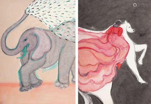 马兆琳 飞马与大象 设色纸本 镜片