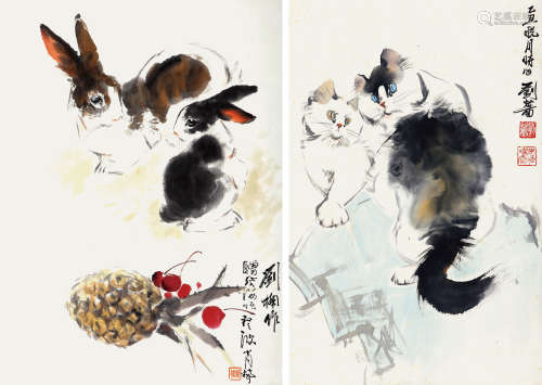 刘楠、刘蔷 双兔、双猫 设色纸本 立轴