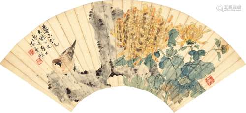 陈东湖（1901～1962） 菊石小鸟图