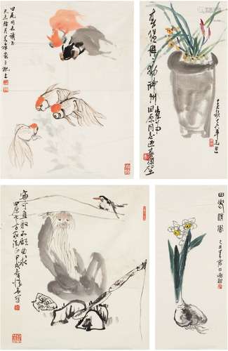 郑若泉（1927～ ）、王秋野（1914～1991）、许怀华（1938～ ）、邱炽铭（1946～ ） 花鸟人物四帧