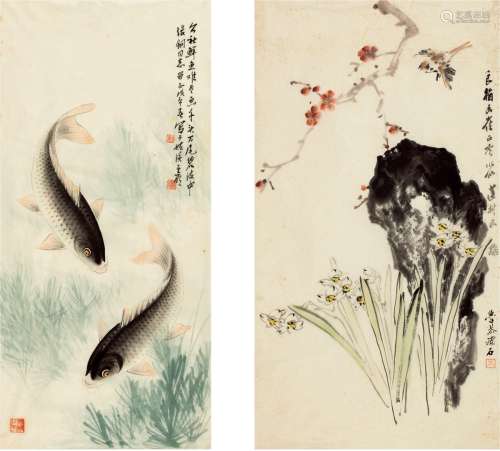 迟 明（1923～2017）、赵良翰（1910～1986）、张正吟（1912～1995）、岑学恭（1917～2009） 双鱼图•花鸟合璧图