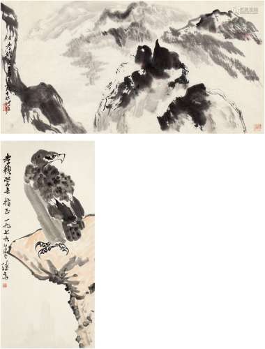 胡继高（1930～ ）、何 强［现代］ 苍鹰图•群峰雾霭图