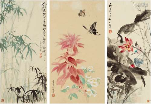 唐 云（1910～1993）、吴湖帆（1894～1968）、孙悟音（1916～2002） 花鸟三帧