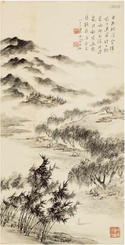 申石伽（1906～2001） 孤邨烟云图