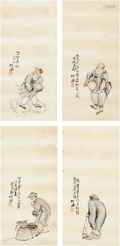 竹 禅（1825～1901） 人物四屏