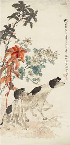 褚 羲［近］ 花间双犬图