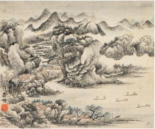 萧 愻（1883～1944） 湖山渔舟图