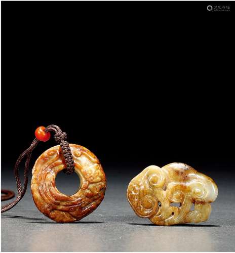宋-清•玉雕螭龙璧及玉雕灵芝佩一组两件