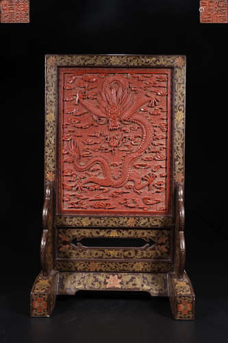 A RED LACQUER SCREEN OF DRAGON WITH MARKING